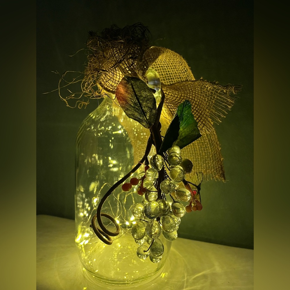Half Gallon Glass Bottle Decorated with Clear Bead Grapes 🍇 Burlap Bow & Lights